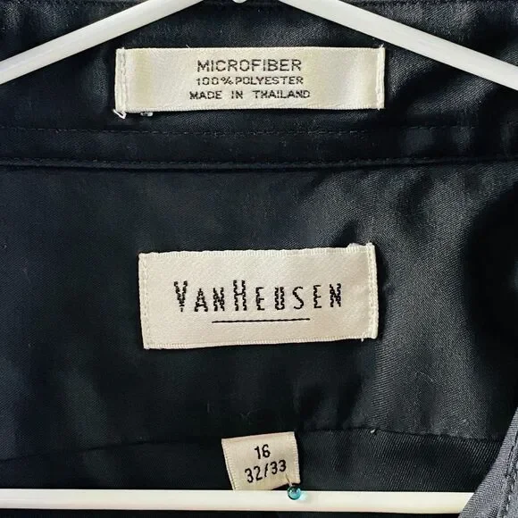 Van Heusen Dress Shirt Mens L 16 32/33 Black Microfiber Long Sleeve Wrinkle Free - Picture 3 of 11